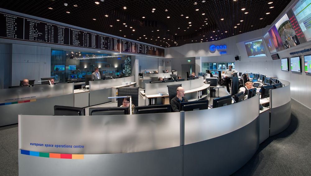 ESA’s operations control room, with rows of curved consoles facing a wall of screens